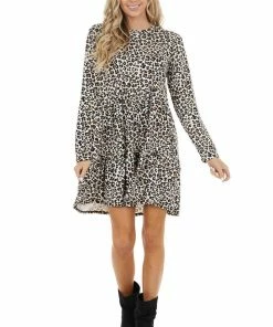 Jodifl Ivory And Camel Leopard Print Babydoll Dress With Ruffle Hem Dresses
