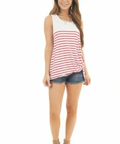 She + Sky Tops Ivory And Crimson Red Striped Knit Tank Top With Front Twist