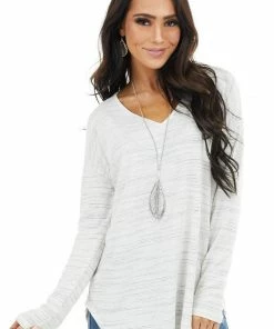 Staccato Dove Grey Stripe Patterned Top With Long Sleeves Tops