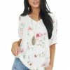 Lovely J Ivory And Pink Floral Print V Neck Top With Short Sleeves
