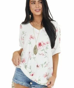 Lovely J Ivory And Pink Floral Print V Neck Top With Short Sleeves