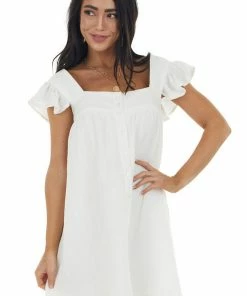 Entro Ivory Babydoll Short Sleeve Button Up Dress