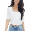 Very J Ivory Babydoll Short Sleeve Crop Top With Smocked Detail Tops
