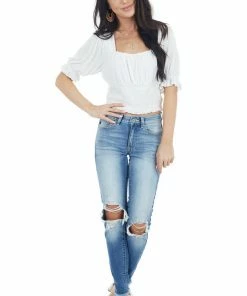 Very J Ivory Babydoll Short Sleeve Crop Top With Smocked Detail Tops