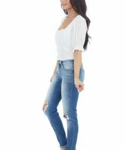 Very J Ivory Babydoll Short Sleeve Crop Top With Smocked Detail Tops