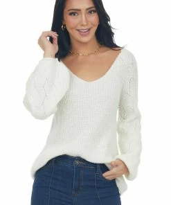 Andree Tops Ivory Bishop Sleeve Fuzzy Pointelle Sweater