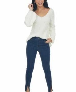 Andree Tops Ivory Bishop Sleeve Fuzzy Pointelle Sweater