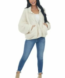 Peach Love Outerwear Ivory Button Down Long Sleeve Sherpa Jacket