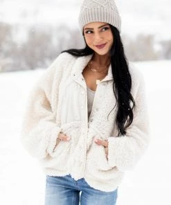 Peach Love Outerwear Ivory Button Down Long Sleeve Sherpa Jacket