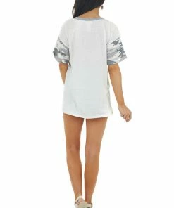 BiBi Tops Ivory Camo Print Short Sleeve Knit Top With Stitching Detail