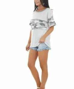 BiBi Tops Ivory Camo Print Short Sleeve Knit Top With Stitching Detail