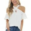 Lime Lush Tops Ivory Cold Shoulder Blouse With Criss Cross Halter Neck