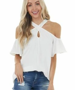 Lime Lush Tops Ivory Cold Shoulder Blouse With Criss Cross Halter Neck