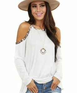BiBi Ivory Cold Shoulder Long Sleeve Top With Leopard Print