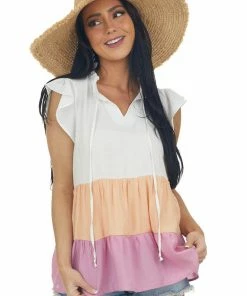 Hailey & Co Tops Ivory Colorblock Babydoll Notch Neck Blouse