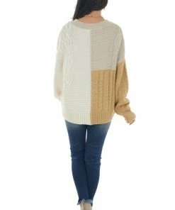 Blu Pepper Ivory Colorblock Loose Cozy Cable Knit Sweater Tops