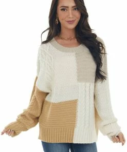 Blu Pepper Ivory Colorblock Loose Cozy Cable Knit Sweater Tops