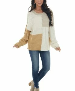 Blu Pepper Ivory Colorblock Loose Cozy Cable Knit Sweater Tops