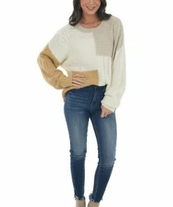Blu Pepper Ivory Colorblock Loose Cozy Cable Knit Sweater Tops