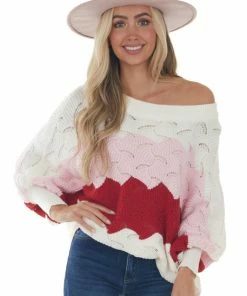 Andree Ivory Colorblock Pointelle Knit Sweater