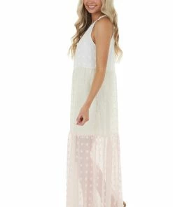 Andree Ivory Colorblock Swiss Dot Maxi Dress