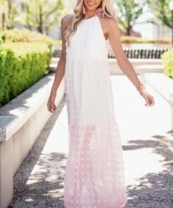 Andree Ivory Colorblock Swiss Dot Maxi Dress