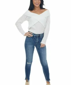 BiBi Ivory Criss Cross Brushed Waffle Knit Top