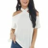 143 Story Ivory Criss Cross Neck Cold Shoulder Short Sleeve Knit Top