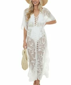 143 Story Ivory Crochet Detail Side Slit Mesh Cover Up Accessories