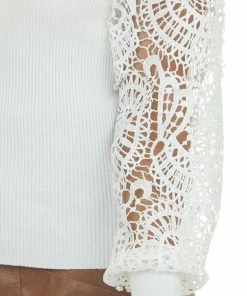 BiBi Tops Ivory Crochet Lace Long Sleeve Ribbed Knit Top