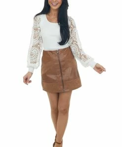 BiBi Tops Ivory Crochet Lace Long Sleeve Ribbed Knit Top