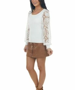 BiBi Tops Ivory Crochet Lace Long Sleeve Ribbed Knit Top