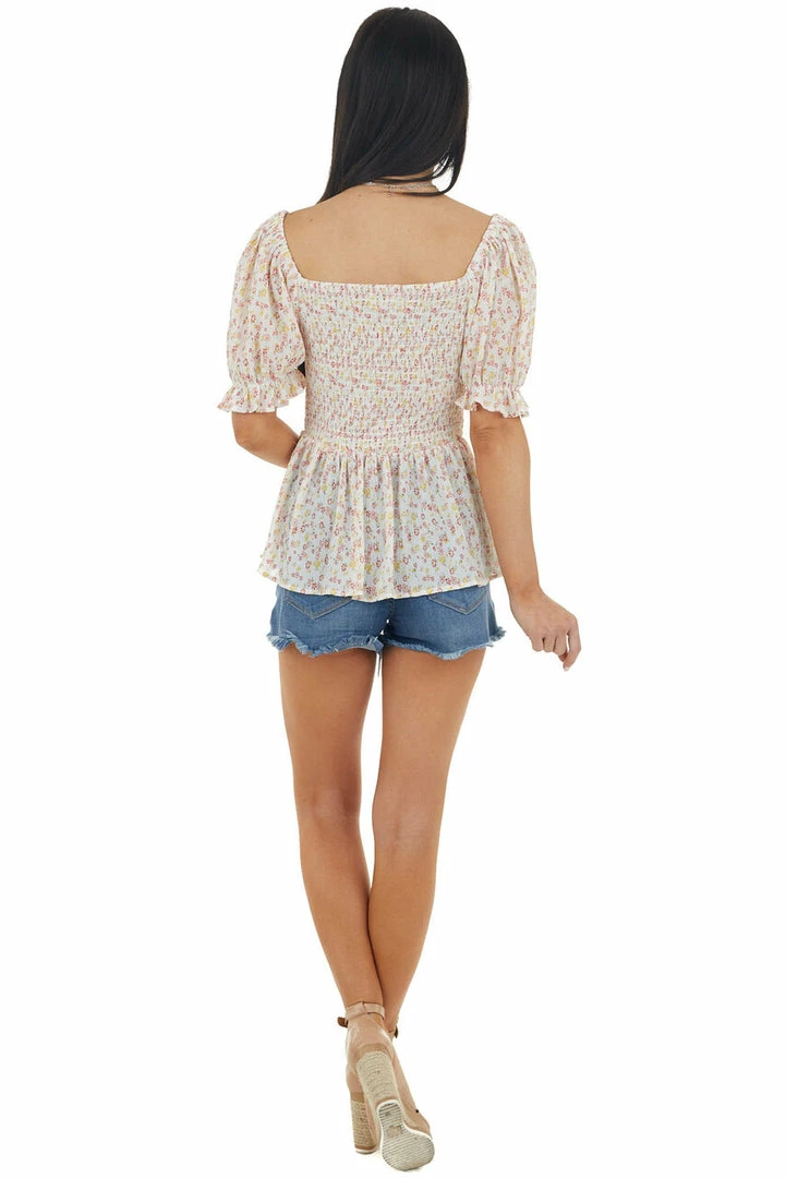 IN LOOM Ivory Ditsy Floral Print Smocked Textured Woven Blouse Tops 9 IN LOOM Ivory Ditsy Floral Print Smocked Textured Woven Blouse Tops