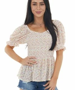 IN LOOM Ivory Ditsy Floral Print Smocked Textured Woven Blouse Tops