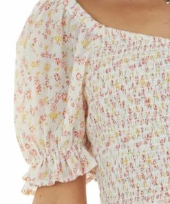 IN LOOM Ivory Ditsy Floral Print Smocked Textured Woven Blouse Tops 25 IN LOOM Ivory Ditsy Floral Print Smocked Textured Woven Blouse Tops
