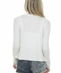 ZENANA Tops Ivory Eyelash Lace V Neck Ribbed Knit Cardigan