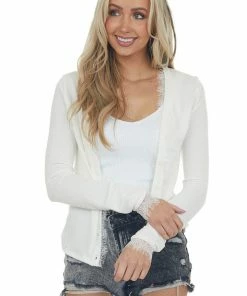 ZENANA Tops Ivory Eyelash Lace V Neck Ribbed Knit Cardigan
