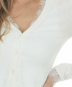 ZENANA Tops Ivory Eyelash Lace V Neck Ribbed Knit Cardigan