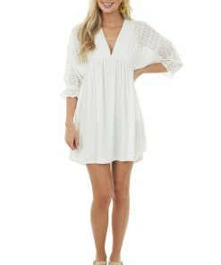 Ninexis Dresses Ivory Eyelet Lace Dolman Sleeve Deep V Dress