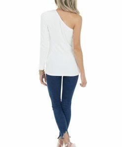 Entro Ivory Fitted Single Sleeve Stretchy Ribbed Knit Top Tops