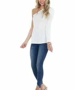 Entro Ivory Fitted Single Sleeve Stretchy Ribbed Knit Top Tops