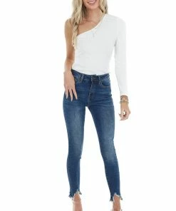 Entro Ivory Fitted Single Sleeve Stretchy Ribbed Knit Top Tops