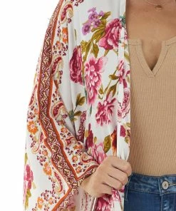 Trend Notes Ivory Floral And Paisley Print Lightweight Woven Open Kimono Tops