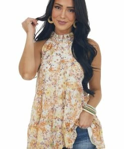 Entro Ivory Floral Halter Neck Sleeveless Blouse Tops