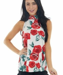 FSL APPAREL Ivory Floral Halter Neck Sleeveless Blouse With Tie Closure Tops