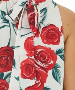 FSL APPAREL Ivory Floral Halter Neck Sleeveless Blouse With Tie Closure Tops