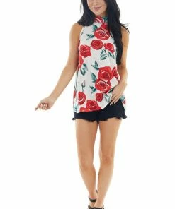 FSL APPAREL Ivory Floral Halter Neck Sleeveless Blouse With Tie Closure Tops