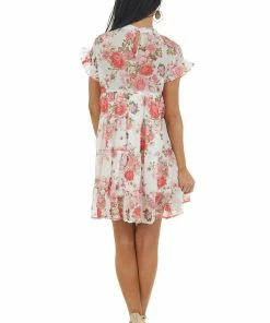 Bighit Fashion Ivory Floral Print Babydoll Short Dress With Short Sleeves Dresses
