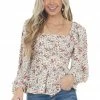 Entro Ivory Floral Print Bubble Sleeve Peplum Blouse