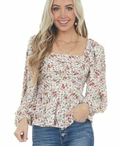 Entro Ivory Floral Print Bubble Sleeve Peplum Blouse